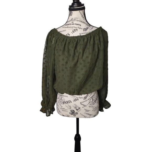 She + Sky Women M Olive Green Off-Shoulder Textured Cropped Dark Cottagecore top - Picture 1 of 11